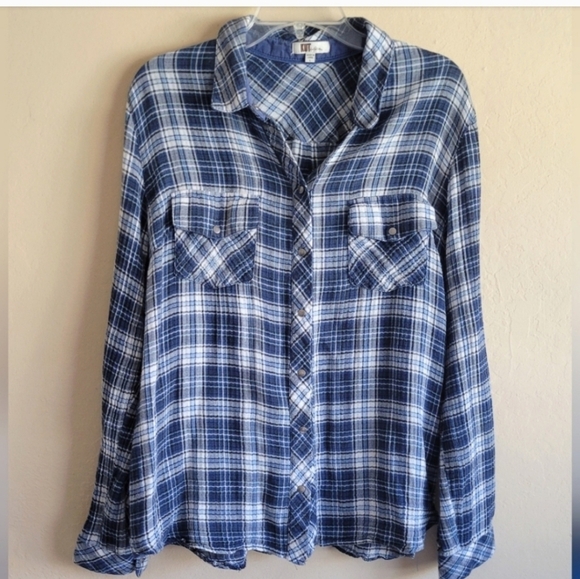 Kut from the kloth blue lightweight button down plaid long sleeve top - Picture 1 of 6